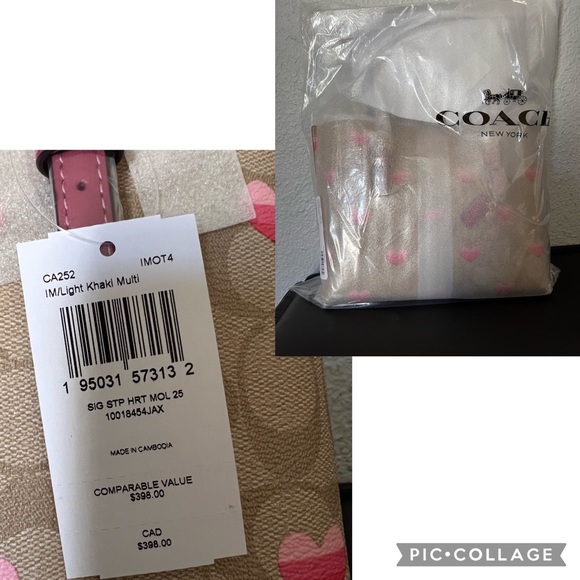 NWT COACH MOLLIE TOTE 25 IN SIGNATURE CANVAS STRIPE HEART PRINT GOLD/LIGHT KHAKI - Picture 6 of 12